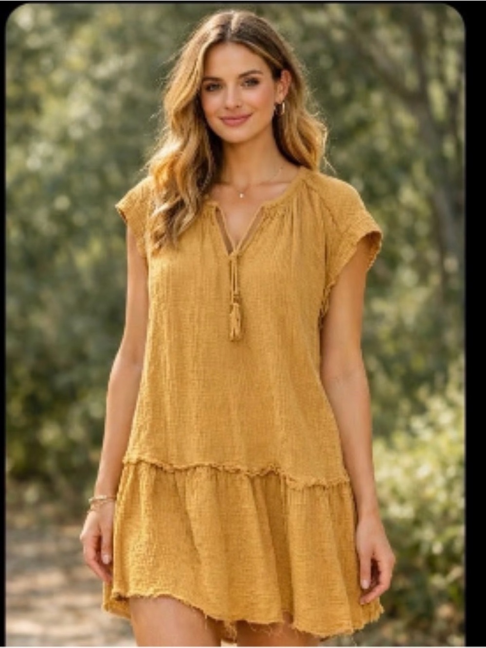 Casual Mustard Tiered Short-Sleeve Mini Dress